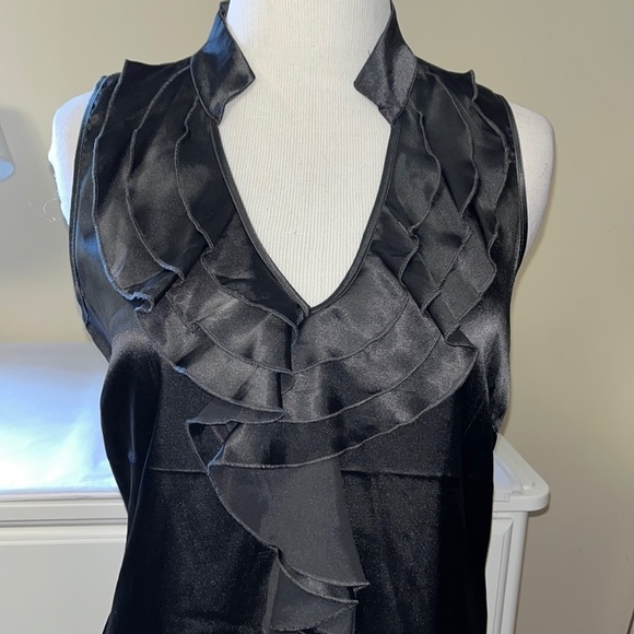 New York and Company, black silky, sleeveless top, ruffle front, side zip - Picture 1 of 10